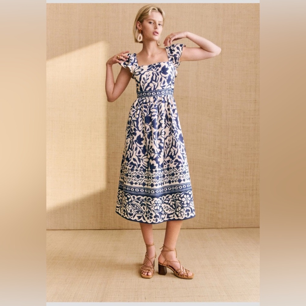NWT Sezane Momoni Melville Dress Sybel floral print ecru blue 40 US 8 M